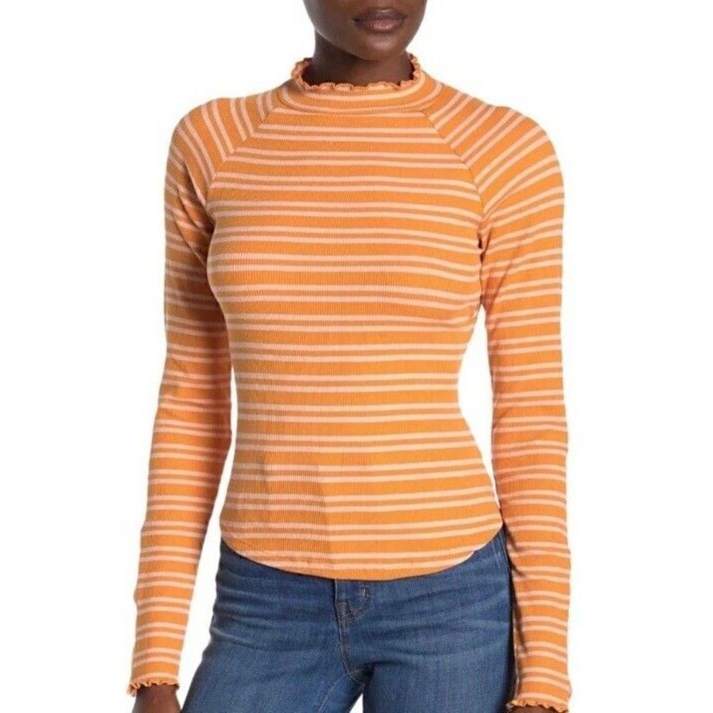 Free People Stripe Open Back Top Size Large Striped Orange Long Sleeve Top NWT